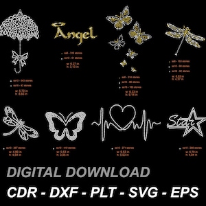 digital design, digital rhinestone, small patterns, mixed ss6 - ss10 - ss16 template, heart, umbrella, butterfly, dragonfly, star pattern.