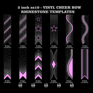 May include: A collection of 12 digital rhinestone templates for 3 inch vinyl cheer bows, featuring various patterns like stars, waves, and chevrons. Each design includes specific dimensions in inches and stone counts for ss10 size rhinestones.