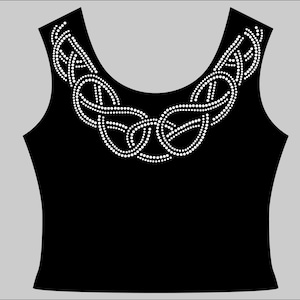 May include: Black sleeveless top with a white dotted design around the neckline. The design is an intricate pattern of interconnected loops and curves, creating a decorative element on the garment. The top has a scoop neckline.