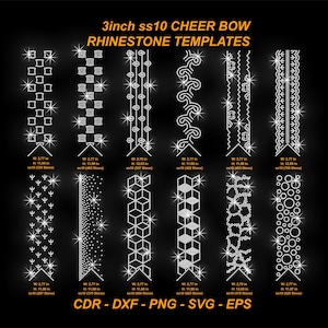 May include: A black background showcases various rhinestone templates for cheer bows. The designs include squares, stars, and geometric patterns. Each template is approximately 7 cm wide and 28 to 30.5 cm tall. The text at the top reads "3inch ss10 CHEER BOW RHINESTONE TEMPLATES."