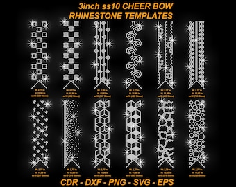 May include: A black background displays multiple rhinestone templates for cheer bows. The templates vary in design, including squares, stars, and geometric patterns. Each template is approximately 2.77 inches wide and 11.00 to 12.03 inches tall. Text at the top reads "3inch ss10 CHEER BOW RHINESTONE TEMPLATES."