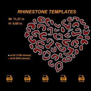 May include: A black background features a heart-shaped rhinestone template with a leopard print design. The text "RHINESTONE TEMPLATES" is at the top. The design is 11.27 inches wide and 9.60 inches high. File types include SVG, EPS, PNG, DXF, and CDR.
