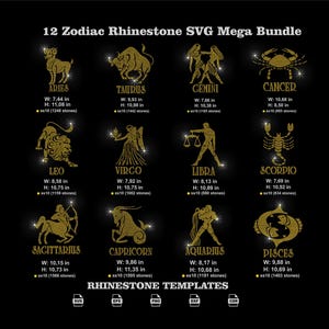Puede incluir: Gráfico negro con 12 diseños de zodiaco de pedrería dorada. Cada signo está etiquetado con su nombre y dimensiones en cm, como Aries, Tauro, Géminis, Cáncer, Leo, Virgo, Libra, Escorpio, Sagitario, Capricornio, Acuario y Piscis.