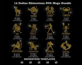 12 Zodiac Rhinestone SVG Bundle, Astrology Bling Template Pack, SS10 Cricut Designs
