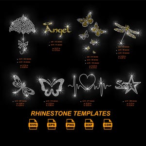 Diseño recortado con diamantes de imitación: Mariposa, estrella, corazón, paraguas. Transferencia termoadhesiva (descarga digital).