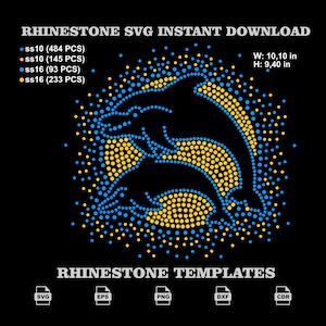 Puede incluir: Un diseño de plantilla digital de pedrería con dos delfines creados con puntos azules y amarillos sobre un fondo negro. El texto incluye RHINESTONE SVG INSTANT DOWNLOAD, dimensiones de 10,10 pulgadas por 9,40 pulgadas, conteo de piedras y formatos SVG, EPS, PNG, DXF y CDR.