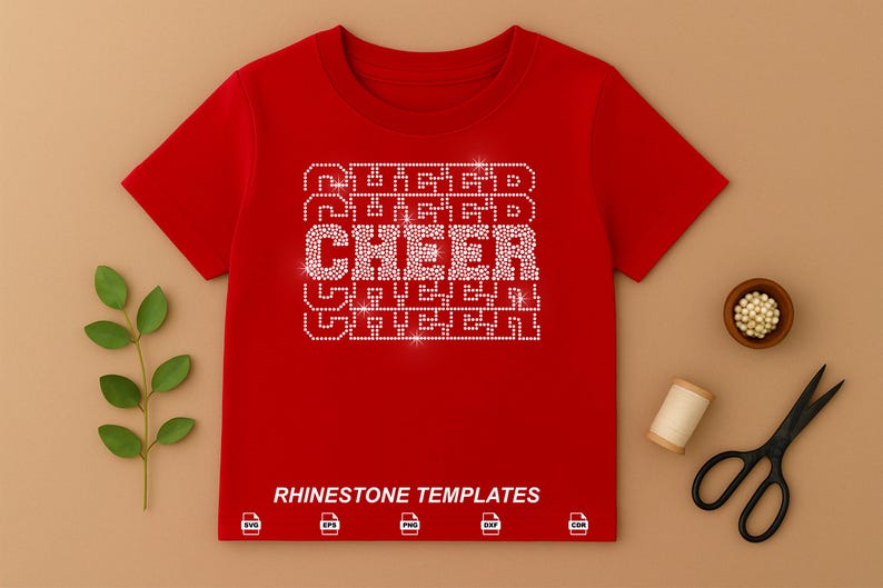 May include: A bright red short-sleeved t-shirt featuring the word CHEER repeated five times in a stacked block design made of white rhinestones. The text RHINESTONE TEMPLATES appears at the bottom with five small file format icons.