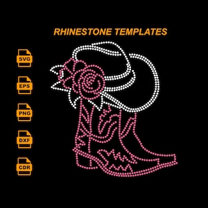 May include: A black background with a rhinestone template design of a cowboy boot and a flower. The boot and flower are made of white and pink dots. The text "RHINESTONE TEMPLATES" is in orange.