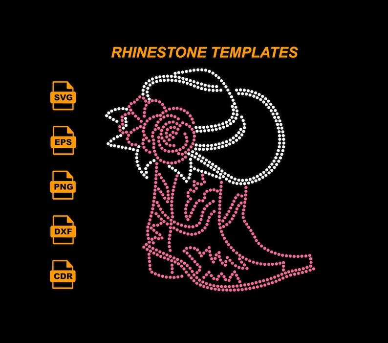May include: A black background with a rhinestone template design of a cowboy boot and a flower. The boot and flower are made of white and pink dots. The text "RHINESTONE TEMPLATES" is in orange.