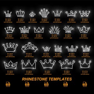 May include: A black background featuring numerous rhinestone crown templates in diverse designs and sizes. Each crown includes width and height measurements in inches, plus the stone count. The text "RHINESTONE TEMPLATES" is shown.