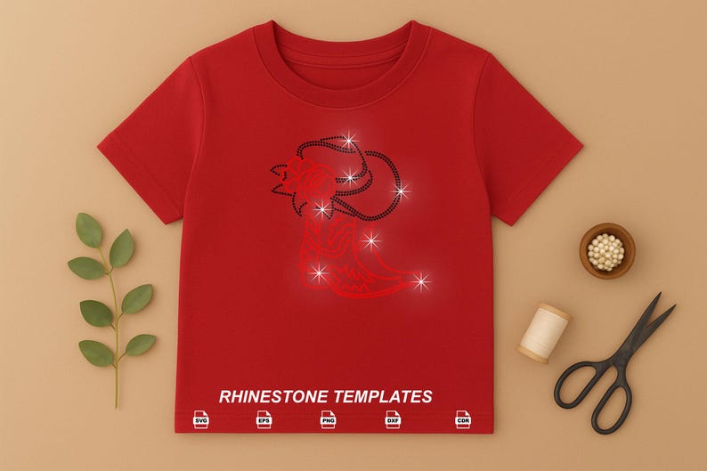 May include: A red t-shirt featuring a rhinestone design of a stylized ram's head with star accents. The text "RHINESTONE TEMPLATES" is printed at the bottom. Additional items include scissors, a spool of thread, and a small bowl of beads.