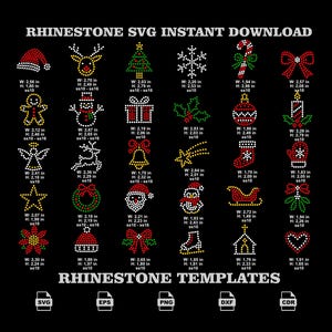Peut inclure: Une collection de motifs en strass sur le thème de Noël comprenant un bonnet de Père Noël, un renne, un sapin, un flocon, un sucre d'orge, un nœud, un bonhomme en pain d'épice, un bonhomme de neige, un cadeau, du houx, une boule, une bougie, un ange, une cloche, une étoile, une chaussette, une moufle, une couronne, le Père Noël, un traîneau, du gui, un poinsettia, un bonnet, un patin, une église et un cœur.