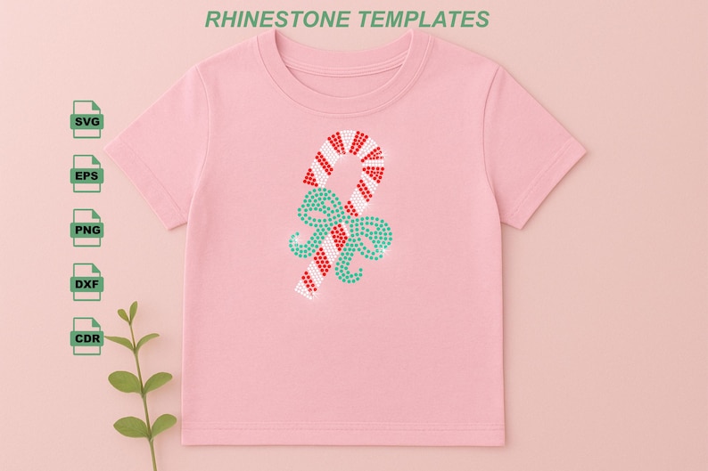 May include: Pink t-shirt featuring a candy cane and bow design made of red, white, and teal rhinestones. The text "RHINESTONE TEMPLATES" is at the top. Includes SVG, EPS, PNG, DXF, and CDR file icons.