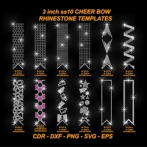 Op de afbeelding: Een collectie van 3 inch ss10 CHEER BOW RHINESTONE TEMPLATES in CDR, DXF, PNG, SVG en EPS formaten. De afbeelding toont twaalf verschillende verticale lintontwerpen samengesteld uit witte en roze strass-steentjes, elk met specifieke afmetingen.