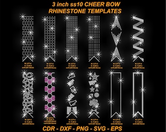 May include: A collection of 3 inch ss10 CHEER BOW RHINESTONE TEMPLATES in CDR, DXF, PNG, SVG, and EPS formats. The image displays twelve distinct vertical ribbon designs composed of white and pink rhinestones, each with specific dimensions.
