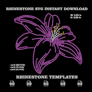 Könnte beinhalten: Ein digitales Strass-Vorlagendesign einer Lilienblüte auf schwarzem Hintergrund. Die Blume besteht aus rosa, gelben und weißen Punkten. Der Text umfasst RHINESTONE SVG INSTANT DOWNLOAD, W: 24,51 cm, H: 21,84 cm sowie SVG, EPS, PNG, DXF, CDR.