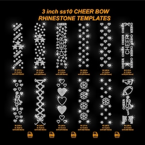 Puede incluir: Un fondo negro muestra plantillas de pedrería para lazos de animadora. Las plantillas incluyen varios diseños como estrellas, corazones, copos de nieve y figuras de animadoras. Cada diseño está etiquetado con medidas en cm.