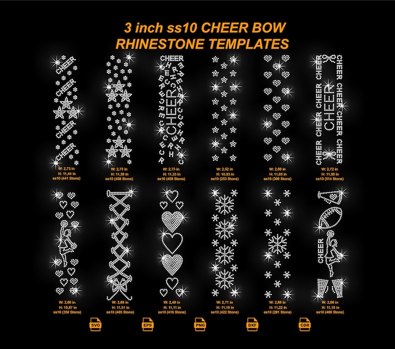 Cheer Bow Rhinestone Template Bundle SVG, 3 Inch Bow Strip Designs SS10 ...