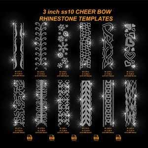 Puede incluir: Un fondo negro muestra plantillas de pedrería para lazos de animadora. Las plantillas incluyen varios diseños como copos de nieve, corazones y patrones abstractos. Cada diseño mide aproximadamente 7,6 cm de ancho.