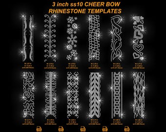 May include: A black background displays rhinestone templates for cheer bows. The templates include various designs such as snowflakes, hearts, and abstract patterns. Each design is approximately 3 inches wide and includes measurements in inches.