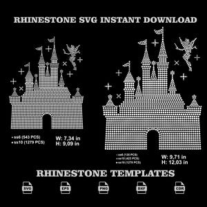 May include: Black graphic featuring two rhinestone castle templates with fairy accents. The text "RHINESTONE SVG INSTANT DOWNLOAD" is at the top. The dimensions are 7.34 inches wide by 9.09 inches high and 9.71 inches wide by 12.03 inches high.