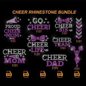 May include: A black graphic featuring a cheerleading rhinestone bundle. The design includes phrases like "Proud Cheer Mom," "Go Cheer!" and "Cheer Dad," along with cheerleading-themed graphics. The width of the designs varies from 4.06 to 20.47 cm.