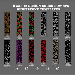 Op de afbeelding: Een digitaal overzicht van 12 strass-sjablonen voor cheer-strikken met patronen zoals fruit, bloemen, harten en letters. De tekst luidt 3 inch 12 DESIGN CHEER BOW SVG RHINESTONE TEMPLATES. Elk ontwerp bevat gegevens over breedte, hoogte en steenaantal.
