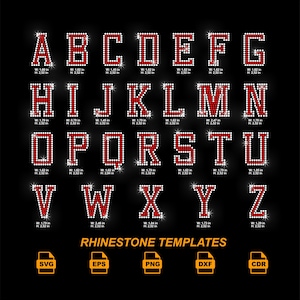 May include: A black background displays a full alphabet of rhinestone templates. Each letter is outlined with sparkling white rhinestones and filled with red rhinestones. The width and height of each letter are displayed in inches. The words "RHINESTONE TEMPLATES" are at the bottom.
