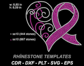 Breast Cancer Awareness Heart Rhinestone Template SVG, Pink Ribbon Bling Design