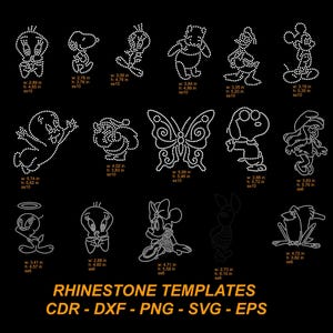 Rhinestone Cut 16 Design Template Set SS6 or SS10 Mickey, Minnie, Donald, Casper, Svg, Eps, Dxf, Mickey Mouse Rhinestones iron on transfer