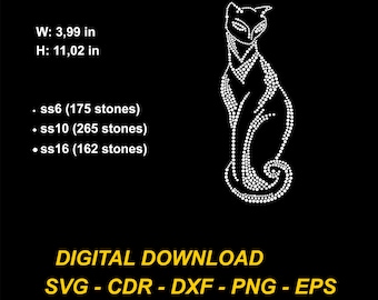 Cat rhinestone pattern. Cat pattern with ss6 - ss10 and ss16 stones. SVG - DXF - PNG... digital download.