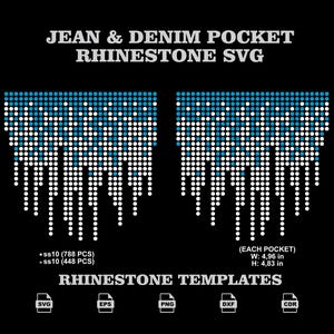 May include: A digital design for jean and denim pocket rhinestone templates featuring a blue and white dot pattern. The text reads JEAN & DENIM POCKET RHINESTONE SVG, RHINESTONE TEMPLATES, ss10 (788 PCS), ss10 (448 PCS), (EACH POCKET) W: 4,96 in H: 4,83 in, SVG, EPS, PNG, DXF, CDR.