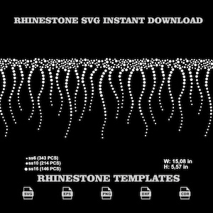 May include: A digital rhinestone template design featuring a white dotted fringe pattern on a black background. Text includes RHINESTONE SVG INSTANT DOWNLOAD, RHINESTONE TEMPLATES, file formats SVG, EPS, PNG, DXF, CDR, and dimensions W: 15.08 in H: 5.57 in.