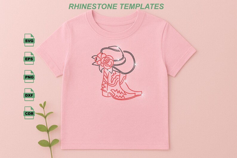 May include: A light pink t-shirt featuring a rhinestone design of a cowboy boot, hat, and rose. The boot and rose are red, while the hat and details are black. The text "RHINESTONE TEMPLATES" is at the top.