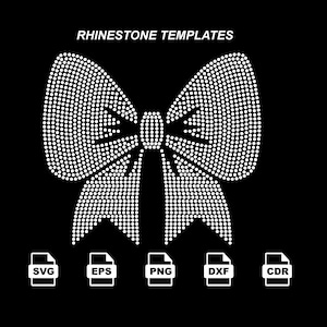 May include: A black background features a bow design made of white dots, labeled "Rhinestone Templates." Below the bow are file icons labeled SVG, EPS, PNG, DXF, and CDR. The bow is a design element for crafting.