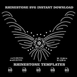 Peut inclure: Un motif de strass blanc sur fond noir représentant des ailes symétriques avec une fleur centrale. Le texte indique RHINESTONE SVG INSTANT DOWNLOAD, ss10 (589 PCS), ss20 (26 PCS), W: 35,41 cm, H: 24,13 cm et RHINESTONE TEMPLATES.