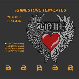 May include: A rhinestone template design featuring the word "LOVE" above a red heart and gray wings. The design is 33.22 cm wide and 33.17 cm high. Includes SVG, EPS, PNG, DXF, and CDR file formats.