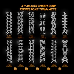 Pode incluir: Fundo preto com vários modelos de strass para laços de torcida. Os modelos variam em design, com medidas de aproximadamente 7,04 cm de largura e de 30,45 a 30,53 cm de altura. O texto "3 inch ss10 CHEER BOW RHINESTONE TEMPLATES" está no topo.