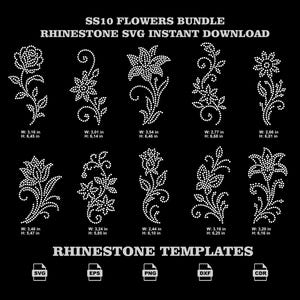 May include: SS10 Flowers Bundle Rhinestone SVG Instant Download. Ten white rhinestone flower templates on a black background, each with specific width and height measurements in inches. Includes SVG, EPS, PNG, DXF, and CDR file format icons.