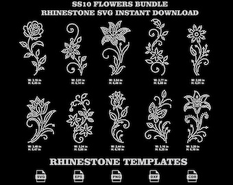 SS10 Flower Bundle Rhinestone Template SVG, 10 Rose Lily Floral Vine Shirt Vector