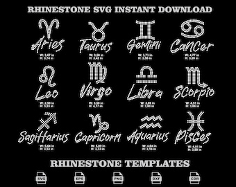 12 Zodiac Sign Rhinestone Bundle SVG, Astrology Horoscope Script Shirt Vector