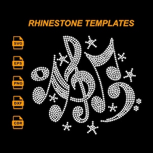 Op de afbeelding: Zwarte achtergrond met de tekst "RHINESTONE TEMPLATES" in goud. De afbeelding toont een muzieknotenontwerp gemaakt van witte stippen, met steraccenten. Bestandstype-pictogrammen staan links.