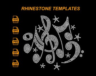 May include: Black background with the text "RHINESTONE TEMPLATES" in gold. The image features a musical note design made of white dots, with star accents. File type icons are on the left.