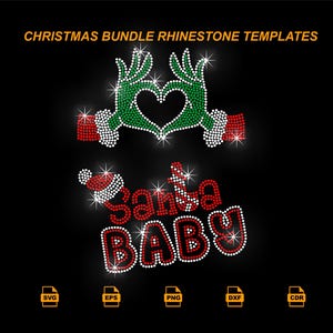 May include: A black background features rhinestone templates for Christmas. The design includes hands forming a heart, and the words "Santa Baby" in red and white rhinestones. The text "CHRISTMAS BUNDLE RHINESTONE TEMPLATES" is at the top.