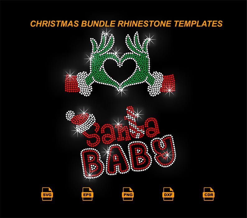 May include: A black background features rhinestone templates for Christmas. The design includes hands forming a heart, and the words "Santa Baby" in red and white rhinestones. The text "CHRISTMAS BUNDLE RHINESTONE TEMPLATES" is at the top.