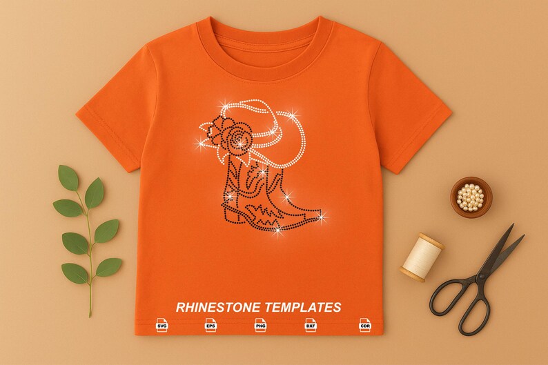 May include: Orange t-shirt with a rhinestone design of a cowboy boot and hat with a rose. The text "RHINESTONE TEMPLATES" is at the bottom of the shirt. A sprig of leaves, scissors, and other craft supplies are arranged around the shirt.