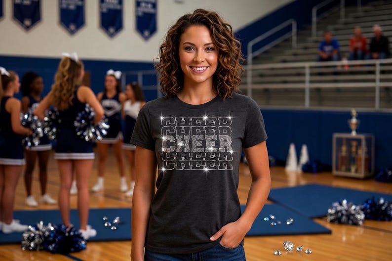 Rhinestone Cheer SVG, Stacked Typography Cheerleader Varsity Spirit Apparel Template Pack image 2