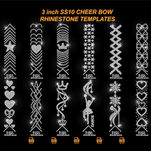 May include: A black background showcases several rhinestone templates for cheer bows. The designs include stars, hearts, crowns, snowflakes, and geometric patterns. The text "3 inch SS10 CHEER BOW RHINESTONE TEMPLATES" is at the top. Each design is 7 cm wide.