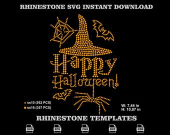 Rhinestone Happy Halloween SVG, Witch Hat Spiderweb Autumn Party Apparel Template Pack