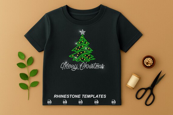Rhinestone Merry Christmas SVG, Tree Holiday Winter Apparel Downloadable Template Pack